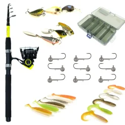 Pack Prêt à Pêcher Perche Bzone Striker Telespin 210M 5-21g + Moulinet + Nylon + Leurres + Boites